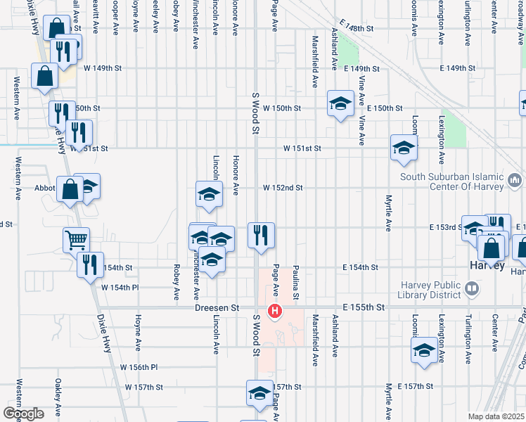 map of restaurants, bars, coffee shops, grocery stores, and more near 15212 Page Avenue in Harvey