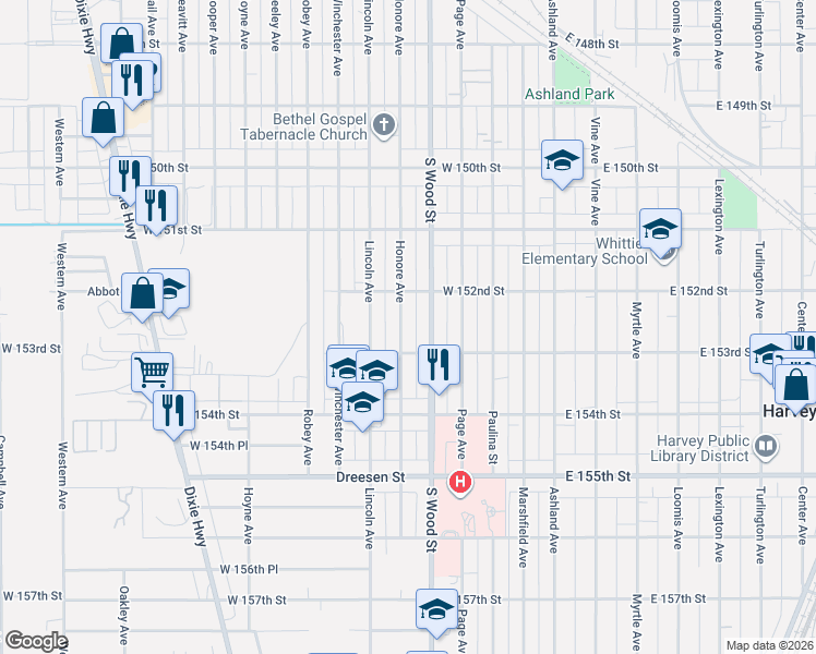 map of restaurants, bars, coffee shops, grocery stores, and more near 15209 Honore Avenue in Harvey