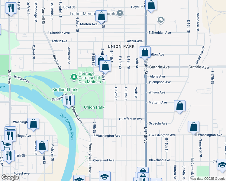 map of restaurants, bars, coffee shops, grocery stores, and more near 2021 East 12th Street in Des Moines