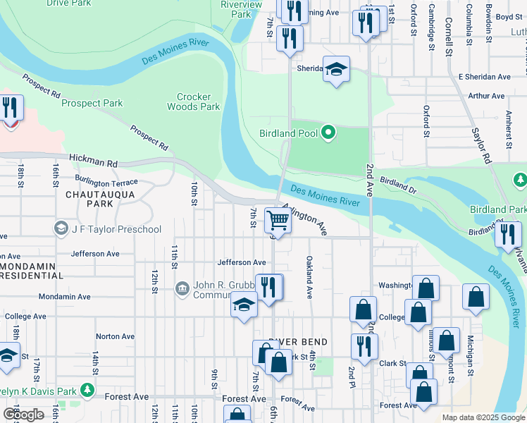 map of restaurants, bars, coffee shops, grocery stores, and more near 701 Hickman Road in Des Moines