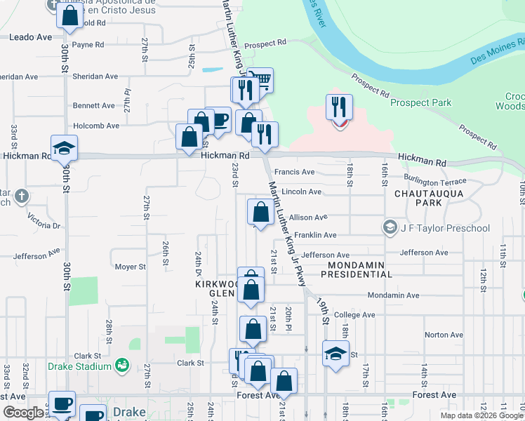 map of restaurants, bars, coffee shops, grocery stores, and more near 2021 22nd Street in Des Moines