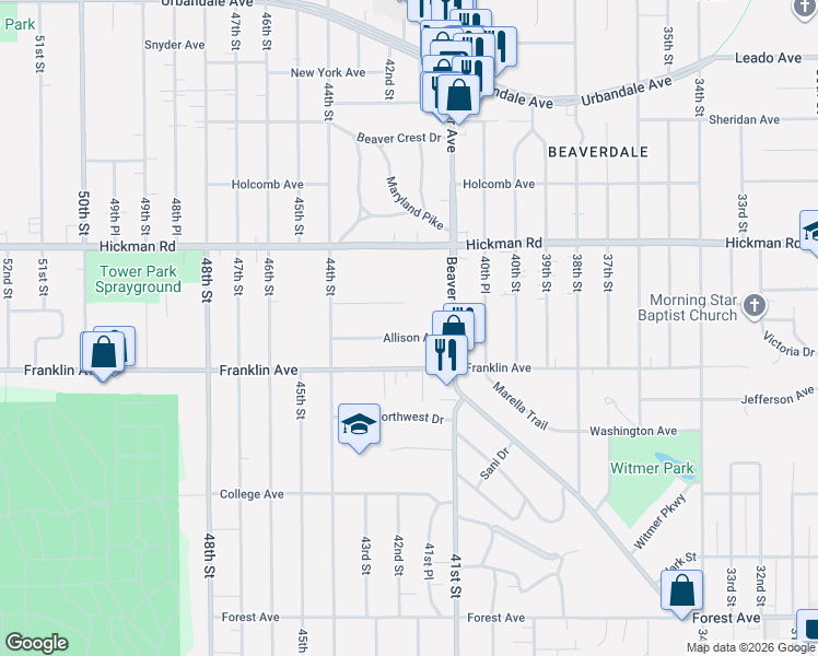 map of restaurants, bars, coffee shops, grocery stores, and more near 4216 Lincoln Avenue in Des Moines