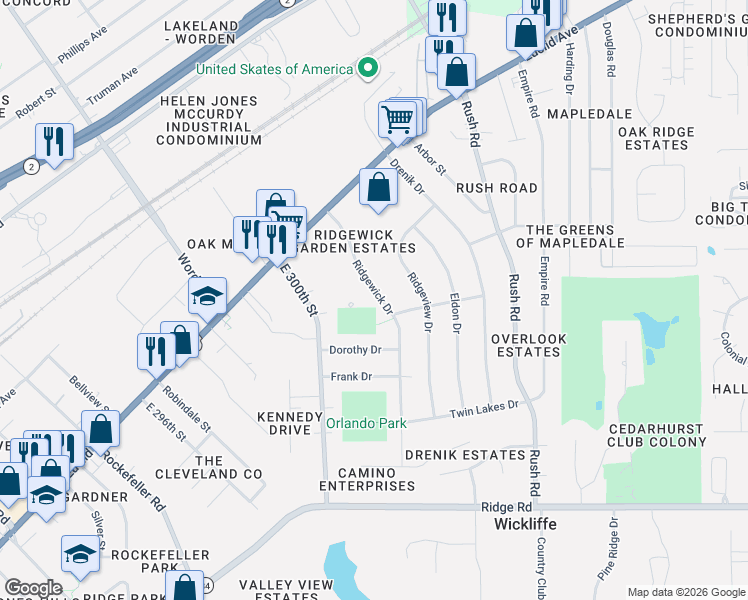 map of restaurants, bars, coffee shops, grocery stores, and more near 1628 Ridgewick Drive in Wickliffe