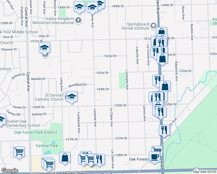 map of restaurants, bars, coffee shops, grocery stores, and more near 15346 Le Claire Avenue in Oak Forest