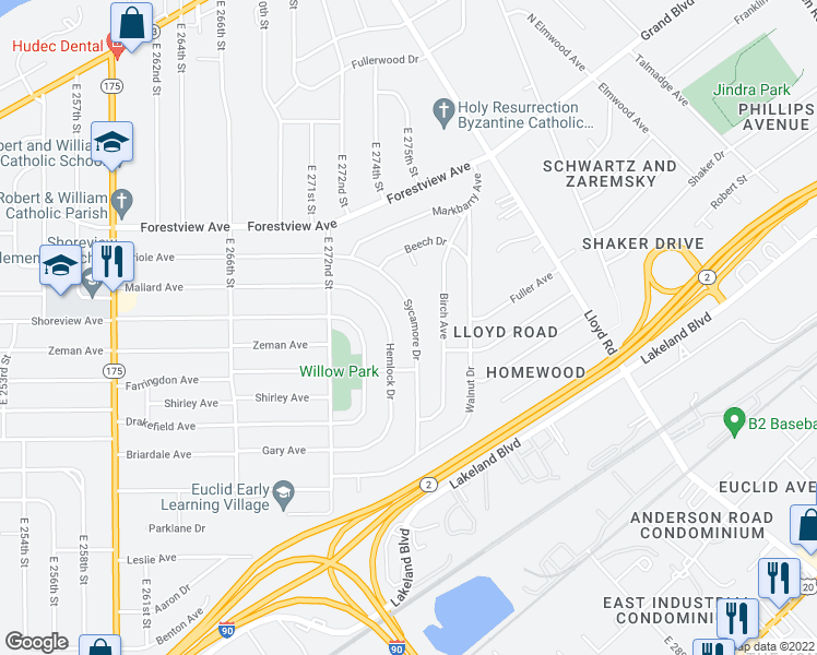 map of restaurants, bars, coffee shops, grocery stores, and more near 596 Sycamore Drive in Euclid