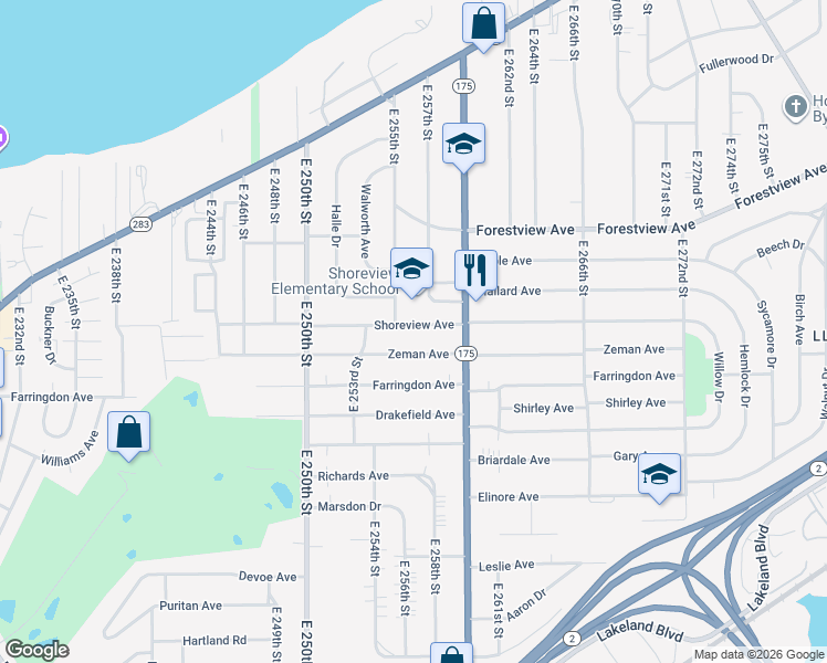 map of restaurants, bars, coffee shops, grocery stores, and more near 490 East 260th Street in Euclid