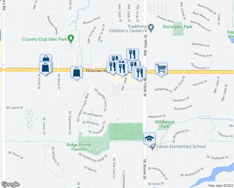 map of restaurants, bars, coffee shops, grocery stores, and more near 2132 Ridgeview Circle in Clive