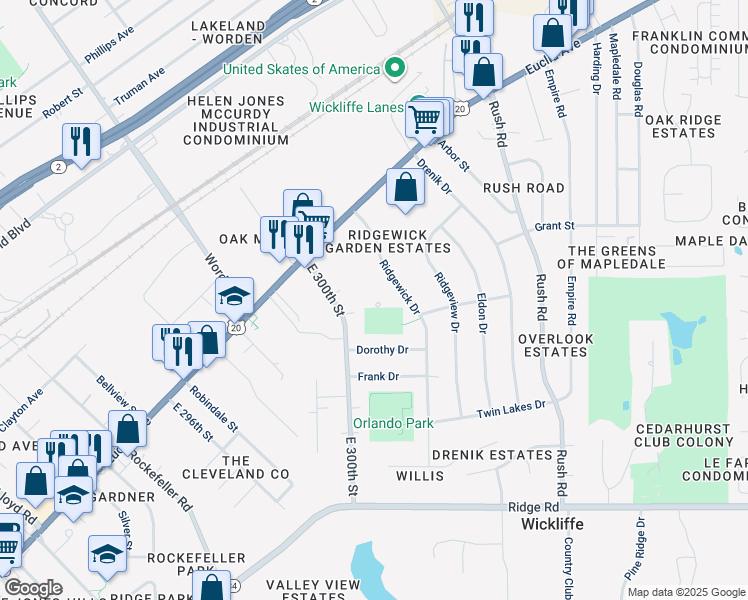 map of restaurants, bars, coffee shops, grocery stores, and more near 1628 Ridgewick Drive in Wickliffe