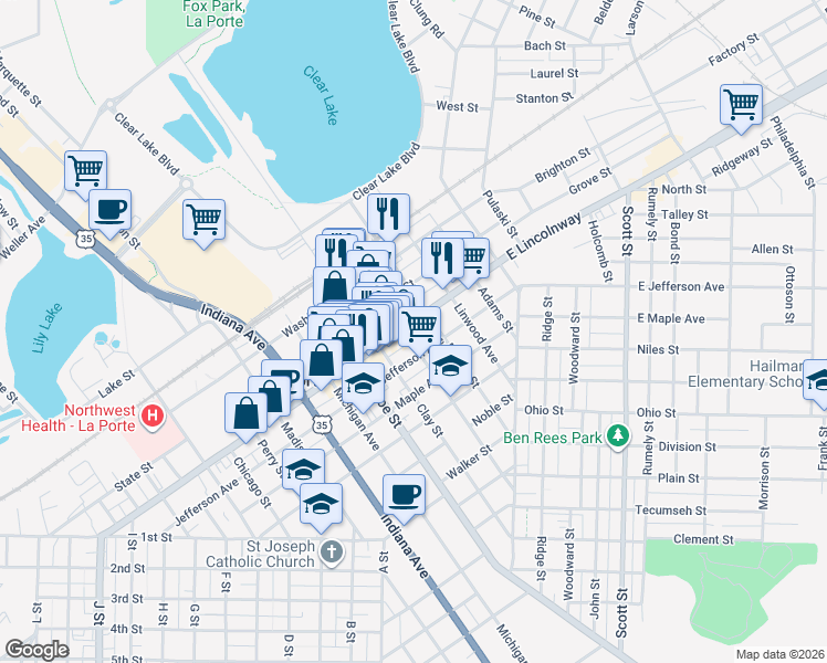 map of restaurants, bars, coffee shops, grocery stores, and more near 400 Lincolnway in La Porte