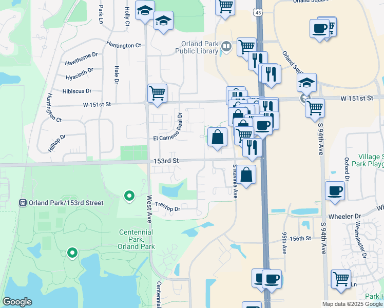 map of restaurants, bars, coffee shops, grocery stores, and more near 9840 West 153rd Street in Orland Park