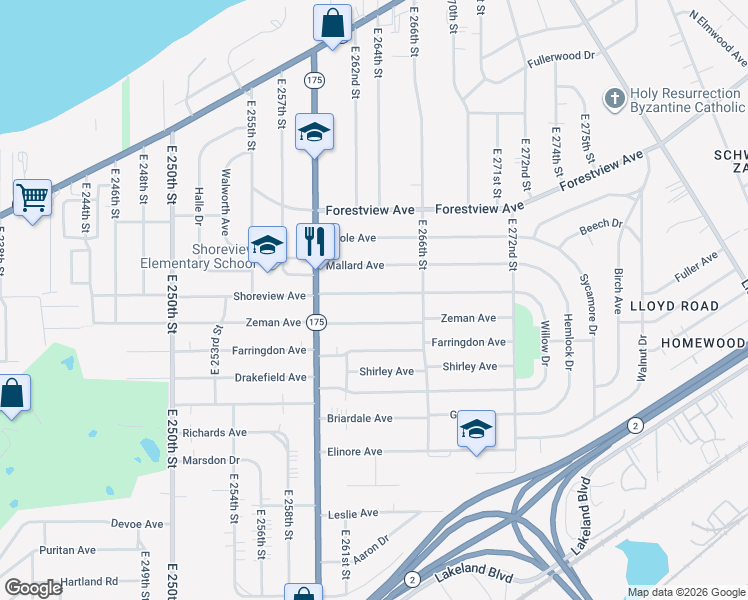 map of restaurants, bars, coffee shops, grocery stores, and more near 26380 Shoreview Avenue in Euclid