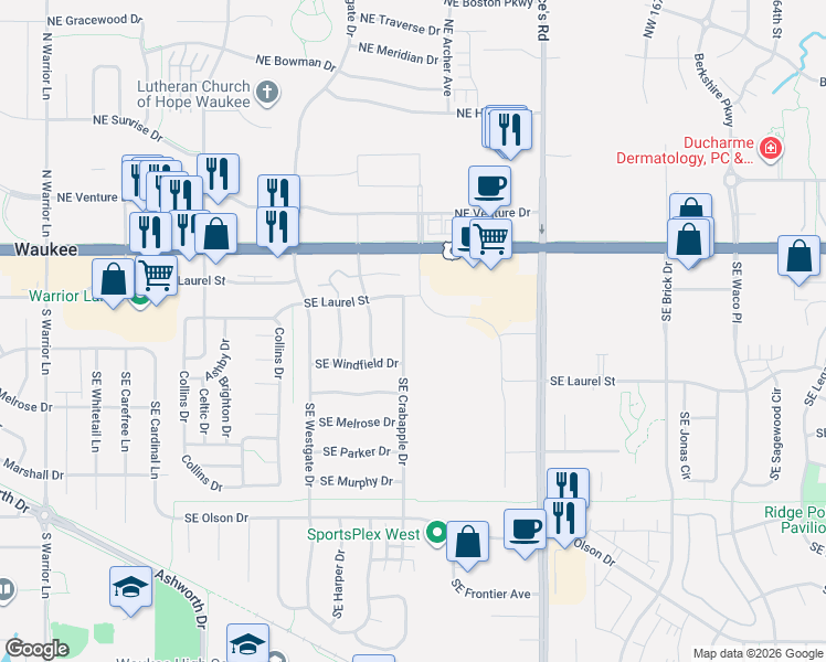 map of restaurants, bars, coffee shops, grocery stores, and more near 125 Southeast Crabapple Drive in Waukee