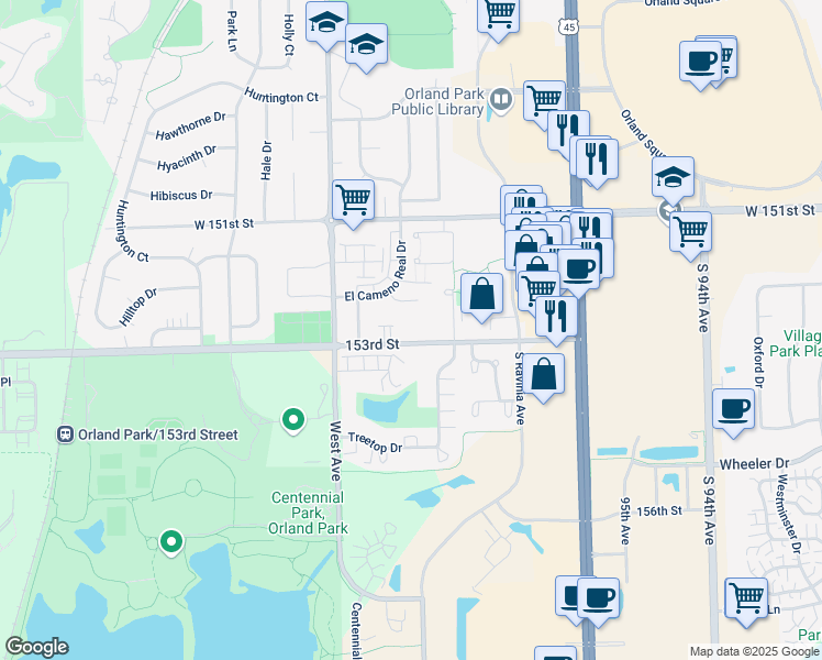 map of restaurants, bars, coffee shops, grocery stores, and more near 9865 Cordoba Court in Orland Park