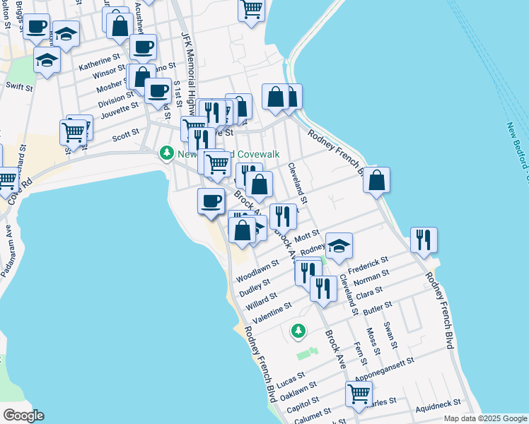 map of restaurants, bars, coffee shops, grocery stores, and more near 61 Salisbury Street in New Bedford