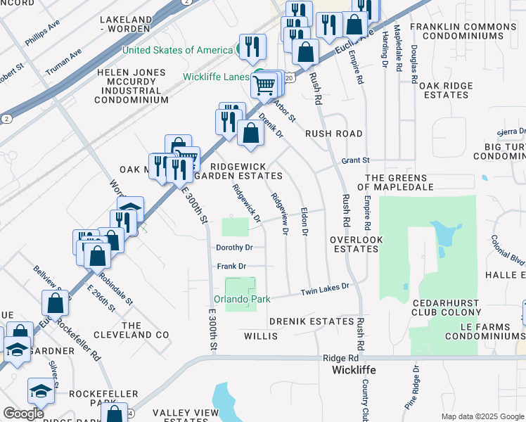 map of restaurants, bars, coffee shops, grocery stores, and more near 1685 Ridgewick Drive in Wickliffe