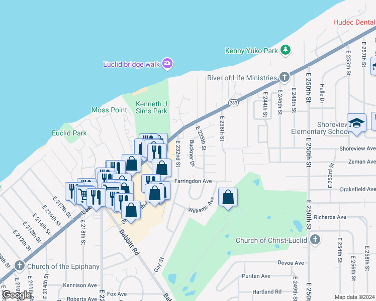 map of restaurants, bars, coffee shops, grocery stores, and more near 269 Buckner Drive in Euclid
