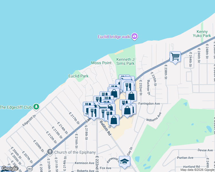 map of restaurants, bars, coffee shops, grocery stores, and more near 115 Sunnycliff Drive in Euclid