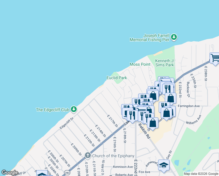 map of restaurants, bars, coffee shops, grocery stores, and more near 220 East Street in Euclid