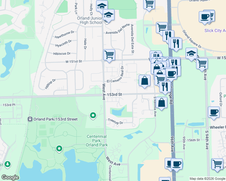 map of restaurants, bars, coffee shops, grocery stores, and more near 15265 El Cameno Terrace in Orland Park