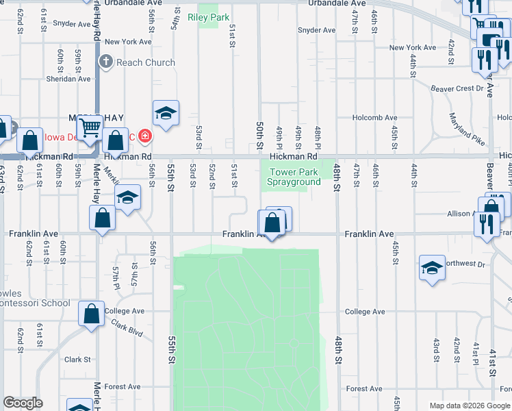 map of restaurants, bars, coffee shops, grocery stores, and more near 5021 Lincoln Avenue in Des Moines