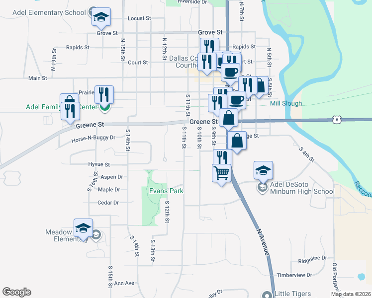 map of restaurants, bars, coffee shops, grocery stores, and more near 504 South 11th Street in Adel