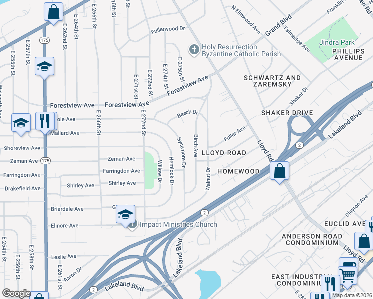 map of restaurants, bars, coffee shops, grocery stores, and more near 595 Sycamore Drive in Euclid