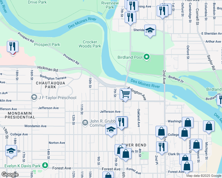 map of restaurants, bars, coffee shops, grocery stores, and more near 701 Hickman Road in Des Moines