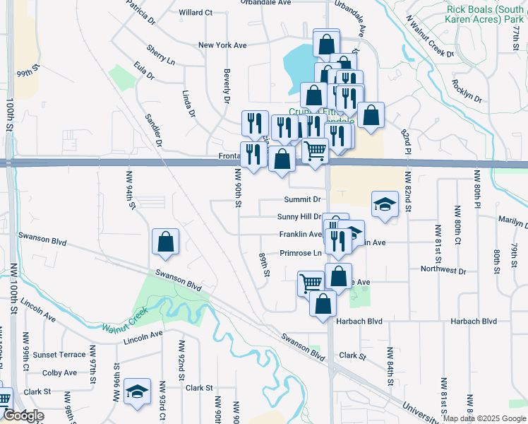 map of restaurants, bars, coffee shops, grocery stores, and more near 2164 Northwest 89th Street in Clive