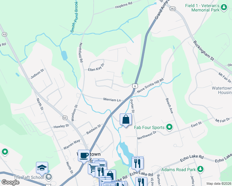 map of restaurants, bars, coffee shops, grocery stores, and more near Unnamed Road in Watertown