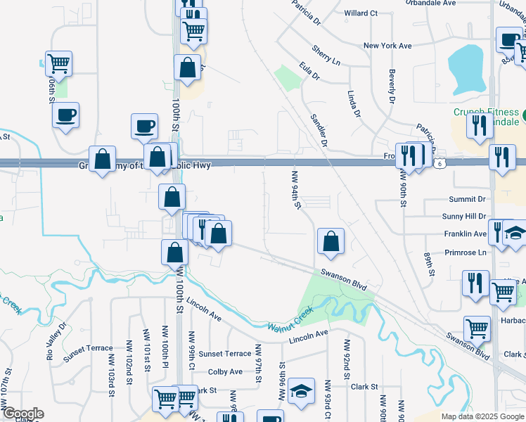 map of restaurants, bars, coffee shops, grocery stores, and more near 9550 Hickman Rd in Clive