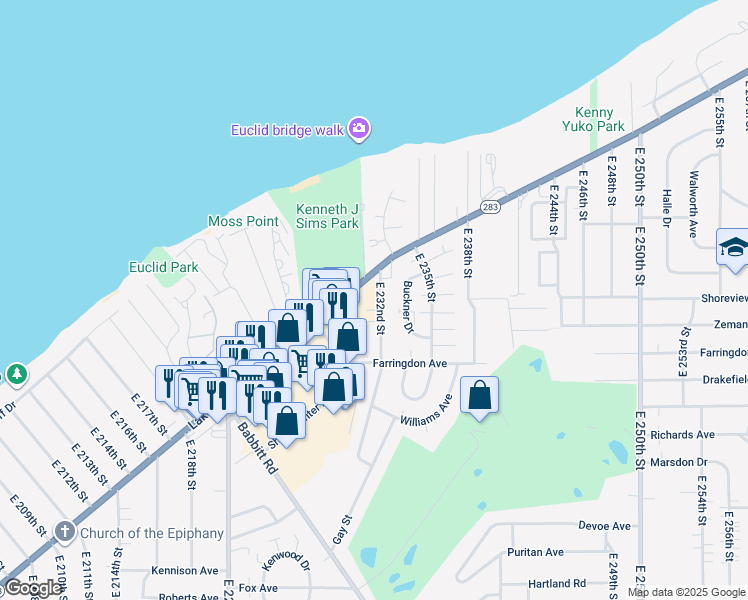 map of restaurants, bars, coffee shops, grocery stores, and more near 270 East 232nd Street in Euclid