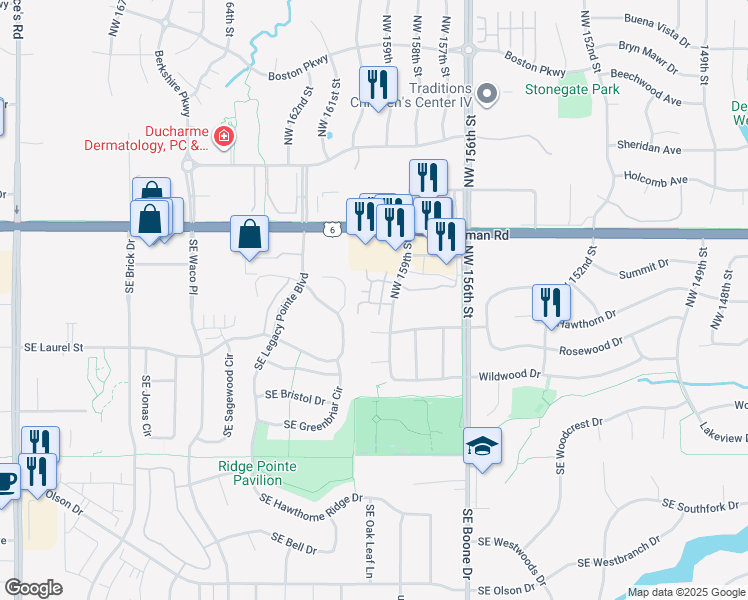 map of restaurants, bars, coffee shops, grocery stores, and more near 2150 Northwest 159th Street in Clive