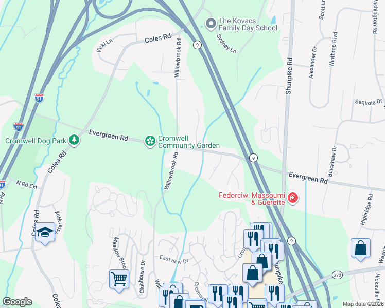 map of restaurants, bars, coffee shops, grocery stores, and more near 160 Evergreen Road in Cromwell