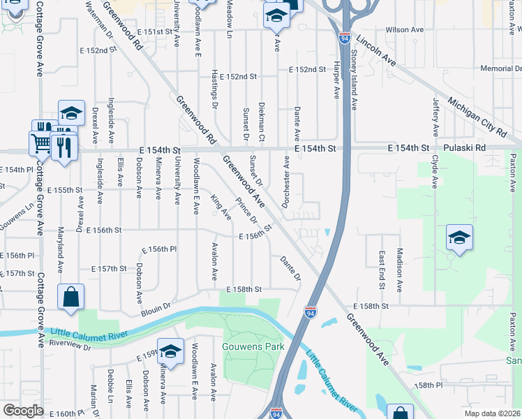 map of restaurants, bars, coffee shops, grocery stores, and more near 15524 Sunset Drive in Dolton