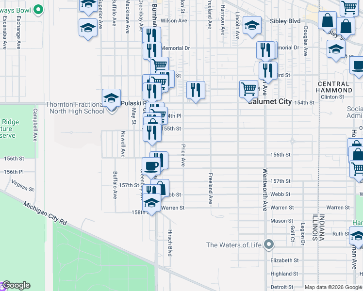 map of restaurants, bars, coffee shops, grocery stores, and more near 448 155th Place in Calumet City