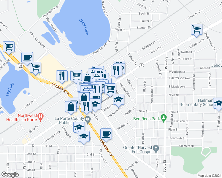 map of restaurants, bars, coffee shops, grocery stores, and more near 410 Lincolnway in La Porte