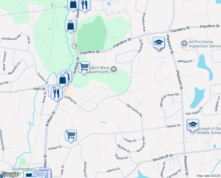 map of restaurants, bars, coffee shops, grocery stores, and more near 45 Whitney Avenue in Southington