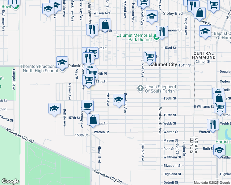map of restaurants, bars, coffee shops, grocery stores, and more near 414 155th Place in Calumet City