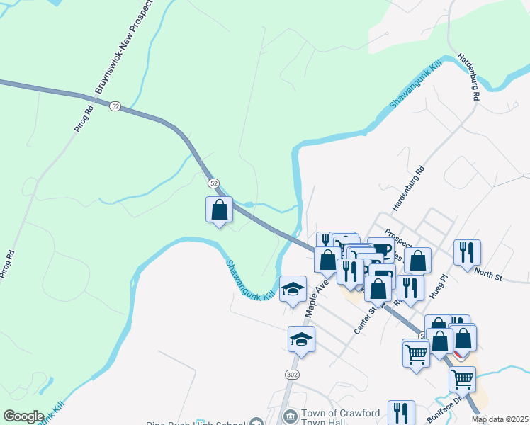 map of restaurants, bars, coffee shops, grocery stores, and more near 1-19 Boyce Rd in Pine Bush