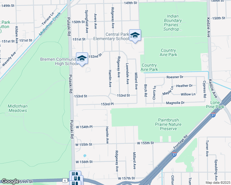 map of restaurants, bars, coffee shops, grocery stores, and more near 3732 153rd Street in Midlothian