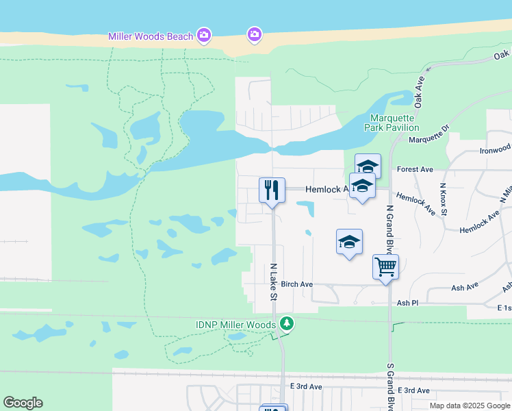 map of restaurants, bars, coffee shops, grocery stores, and more near 5701 Hemlock Avenue in Gary