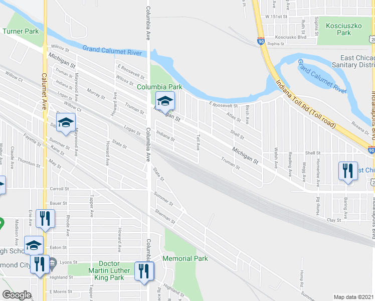 map of restaurants, bars, coffee shops, grocery stores, and more near 1333 Indiana Street in Hammond