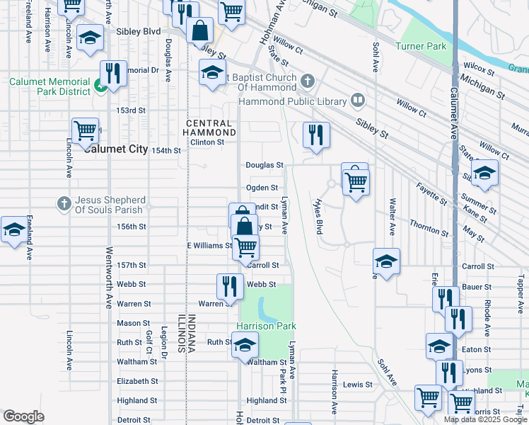 map of restaurants, bars, coffee shops, grocery stores, and more near 234 Condit Street in Hammond