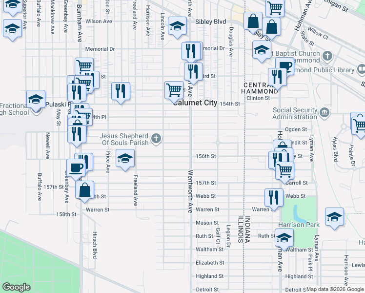 map of restaurants, bars, coffee shops, grocery stores, and more near 222 155th Place in Calumet City