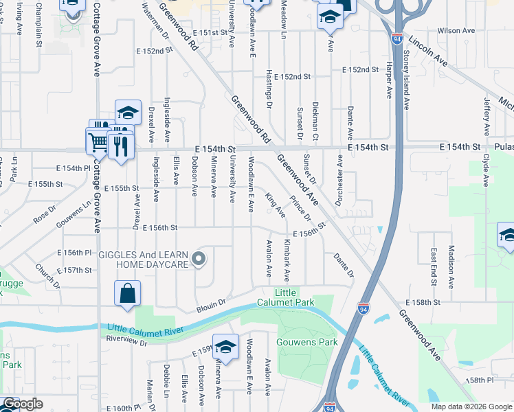map of restaurants, bars, coffee shops, grocery stores, and more near 15523 Woodlawn East Avenue in South Holland
