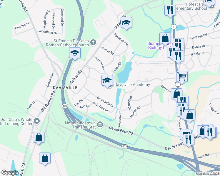 map of restaurants, bars, coffee shops, grocery stores, and more near 50 East Court in North Kingstown