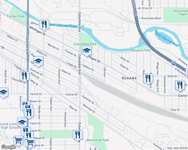 map of restaurants, bars, coffee shops, grocery stores, and more near 1243 Logan Street in Hammond