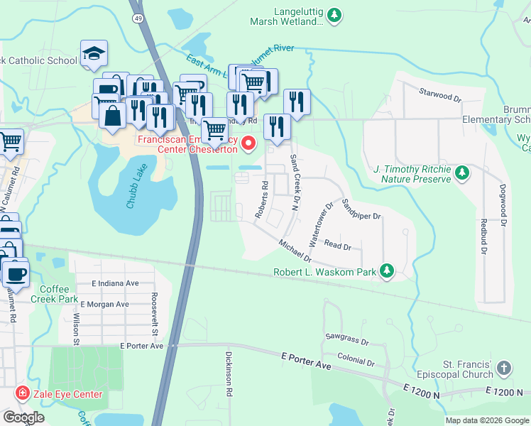 map of restaurants, bars, coffee shops, grocery stores, and more near 826 Olde Towne Square in Chesterton