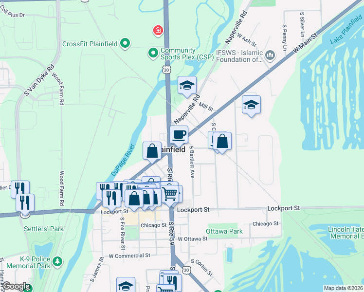 map of restaurants, bars, coffee shops, grocery stores, and more near 23909 West Main Street in Plainfield
