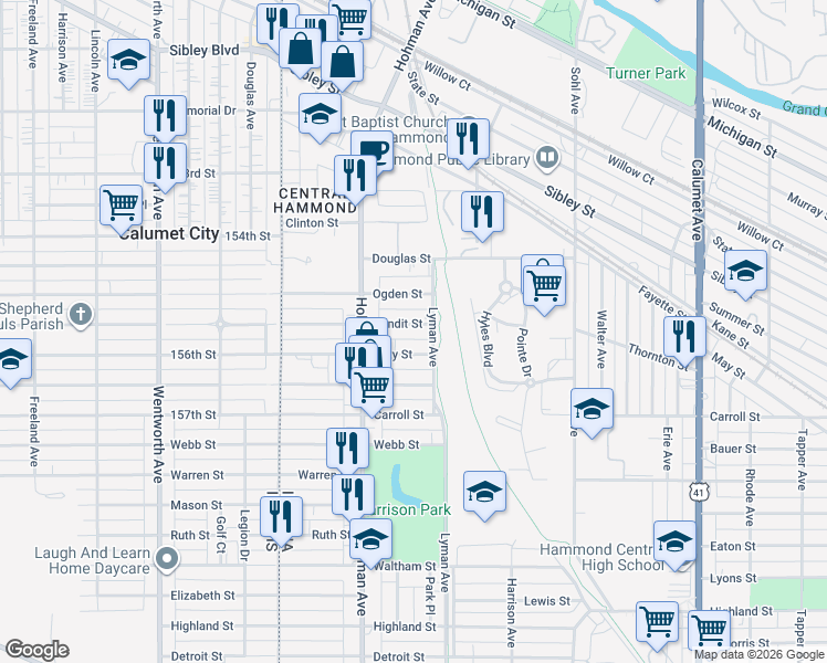 map of restaurants, bars, coffee shops, grocery stores, and more near 234 Condit Street in Hammond